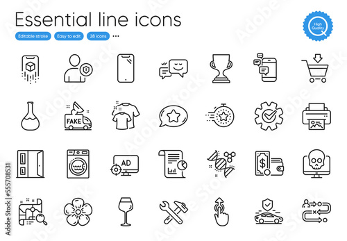 Communication, Augmented reality and Journey path line icons. Collection of Spanner tool, Happy emotion, Award cup icons. Transport insurance, Cyber attack, Smartphone web elements. Vector