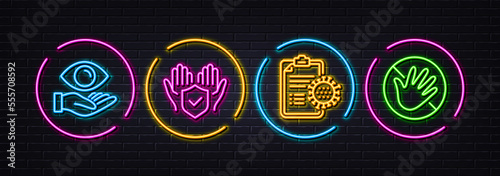 Health eye, Insurance hand and Coronavirus report minimal line icons. Neon laser 3d lights. Do not touch icons. For web, application, printing. Optometry, Full coverage, Treatment. Not allowed. Vector