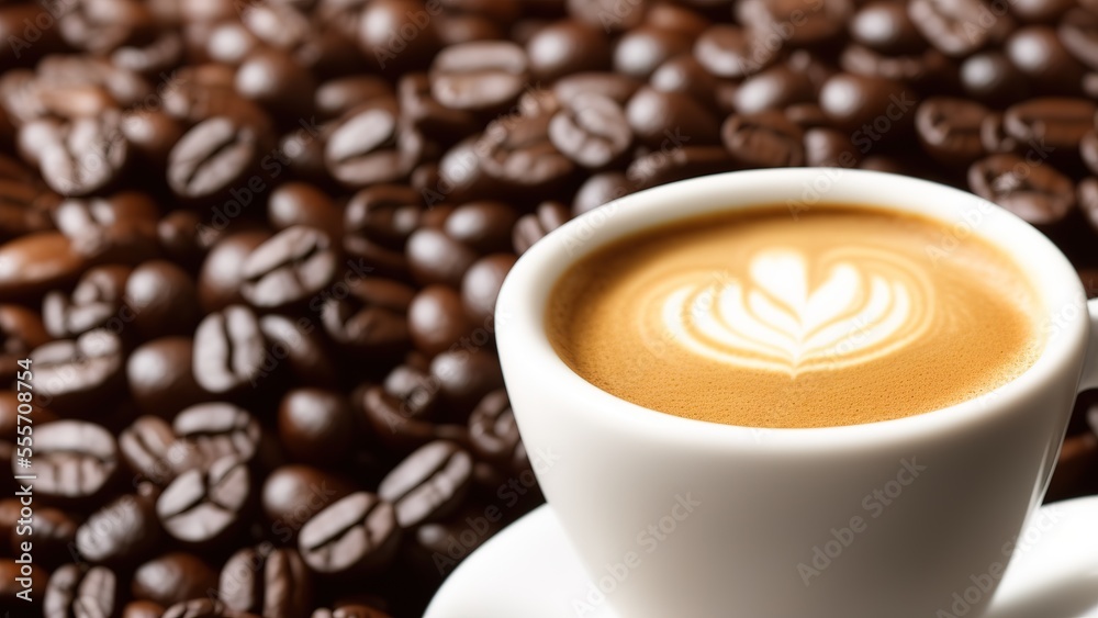 This close-up photograph captures a coffee cup filled with a frothy cappuccino sitting atop a pile of freshly roasted coffee beans. The shallow depth of field brings focus to the cup and beans. This close-up photograph captures a coffee cup filled with a frothy cappuccino sitting atop a pile of freshly roasted coffee beans. The shallow depth of field brings focus to the cup and beans.