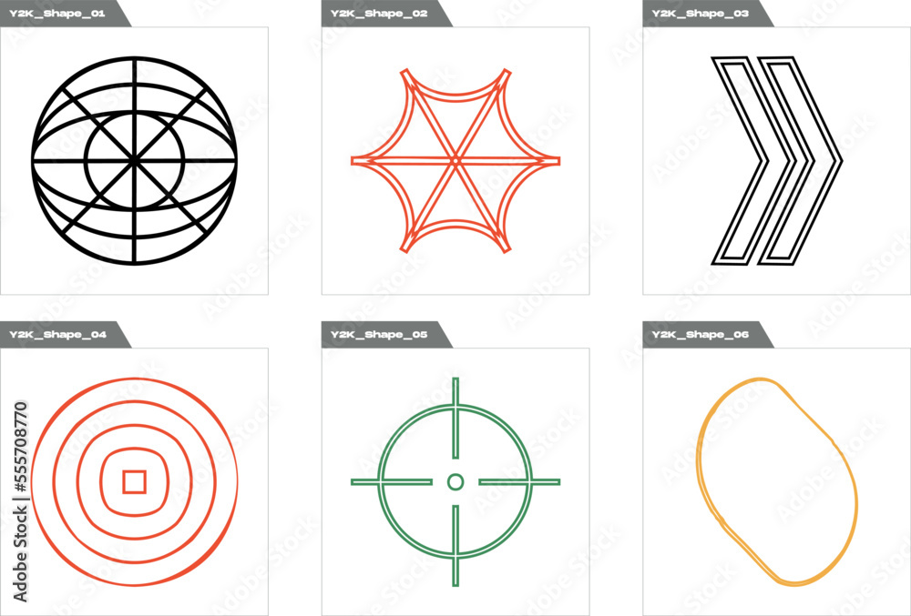 Fototapeta premium Vector Graphic Assets Set. Brutalism star and flower shapes. Modern abstract forms. Isolated on black background. Vector illustration