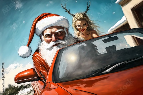 Santa Claus drives a red sports car with a blonde woman dressed as a reindeer. A beautiful sunny winter day. Generative AI illustration