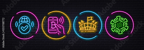 Verified internet, Arena and Bitcoin pay minimal line icons. Neon laser 3d lights. Coronavirus icons. For web, application, printing. Confirmed web, Sport stadium, Mobile payment. Vector