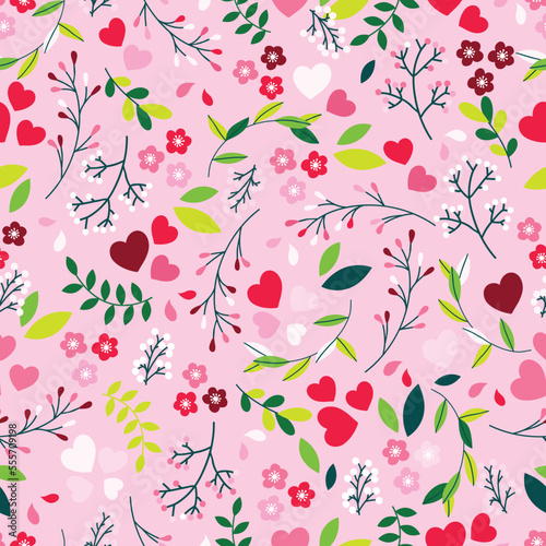 Valentine's Day seamless background with colorful floral elements and hearts. 