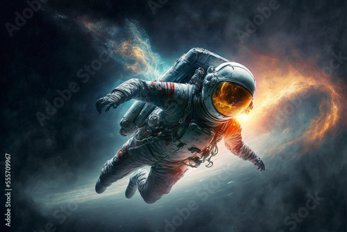 Generative ai astronaut floating zero gravity in outer space.