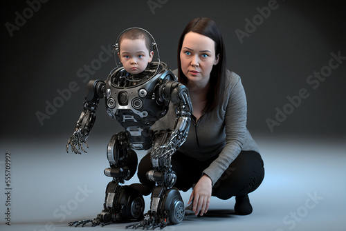 Generative ai human mother posing with her humanoiud robotic baby child. photo