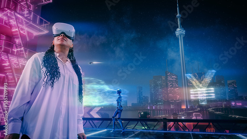 Canvas Print Black Woman Wearing Virtual Reality Headset Enters Metaverse