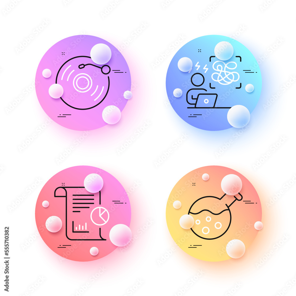 Chemistry lab, Report and Vinyl record minimal line icons. 3d spheres or balls buttons. Difficult stress icons. For web, application, printing. Laboratory, Work analysis, Retro music. Vector Chemistry lab, Report and Vinyl record minimal line icons. 3d spheres or balls buttons. Difficult stress icons. For web, application, printing. Laboratory, Work analysis, Retro music. Vector