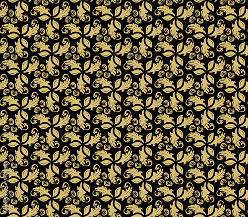 Floral vector black and golden ornament. Seamless abstract classic background with flowers. Pattern with repeating floral elements. Ornament for wallpaper and packaging