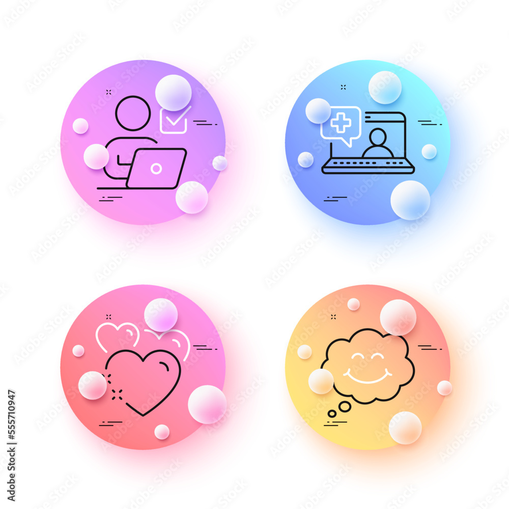 Heart, Online voting and Smile minimal line icons. 3d spheres or balls buttons. Medical help icons. For web, application, printing. Love, Internet poll, Comic chat. Medicine laptop. Vector Heart, Online voting and Smile minimal line icons. 3d spheres or balls buttons. Medical help icons. For web, application, printing. Love, Internet poll, Comic chat. Medicine laptop. Vector