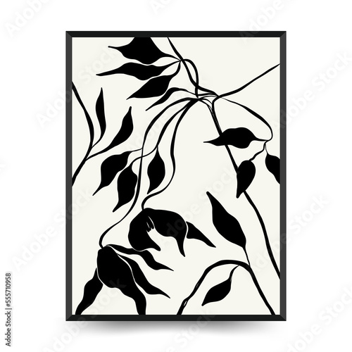 Abstract floral posters template. Modern Botanical trendy black style. Vintage flowers. Ink wall  art.