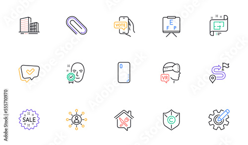 Food delivery, Paper clip and Approved line icons for website, printing. Collection of Networking, Buildings, Journey icons. Copyright protection, Augmented reality, Sale web elements. Vector