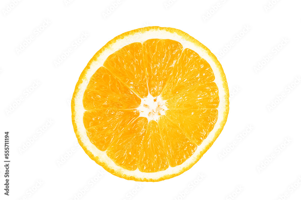 Orange citrus fruit, round slice isolated on white background, top view Orange citrus fruit, round slice isolated on white background, top view