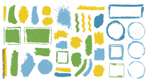 Acrylic dye brushstroke vector set. Hand drawn border box old shapes. Speck stain sale label background bundle. Daub gouache splashes drawing.
