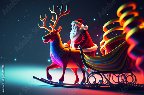 Colourful Surreal Santa Claus driving sleigh with reindeer surounded by colourful presents for lucky childrenGenerative AI Illustration photo