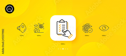 Checklist, Medical mask and Eye minimal line icons. Yellow abstract background. Coronavirus, Difficult stress icons. For web, application, printing. Vector