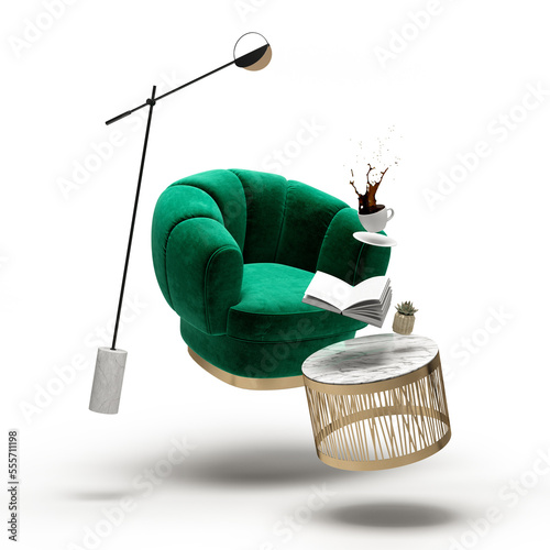 Canvas Print Zero gravity white interior living room 3 D Illustration