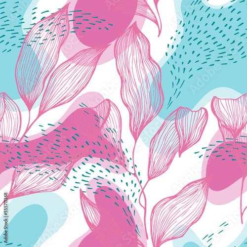 Sketch style doodle line texture leaves over stains and dots seamless vector ...