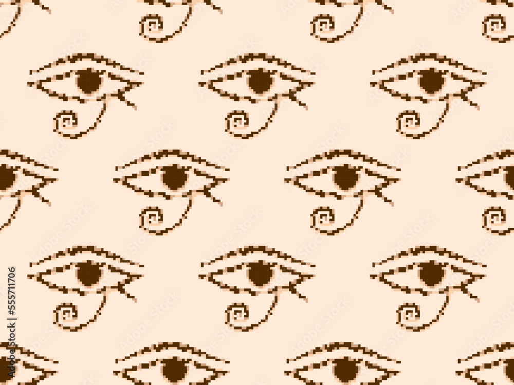 Eye of Horus in pixel style seamless pattern. Pixelated Eye of Ra. Style of 8-bit retro games from the 80s and 90s. Design for app, banner and poster. Vector illustration