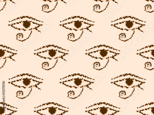 Eye of Horus in pixel style seamless pattern. Pixelated Eye of Ra. Style of 8-bit retro games from the 80s and 90s. Design for app, banner and poster. Vector illustration