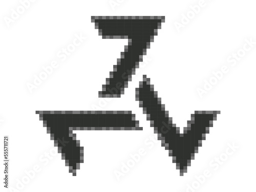 Triskelion celtic symbol in pixel style. Pixelated triple spiral isolated on white background. Style of 8-bit retro games from the 80s and 90s. Design for app, banner and poster. Vector illustration