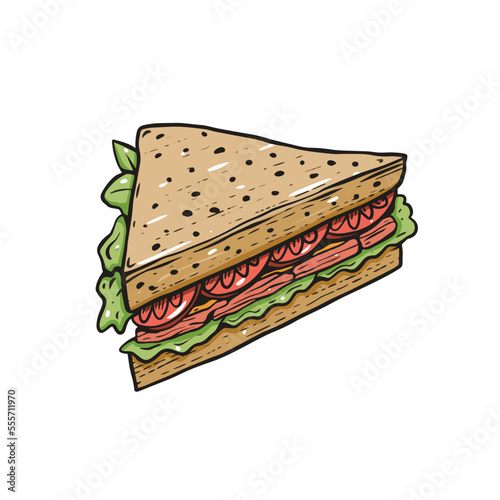 Vibrant vector illustration of a sandwich filled with savory meat, juicy tomatoes, and crisp green lettuce creates an appetizing impression and invites to savor the taste.