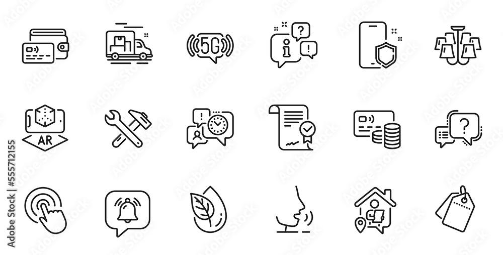 Outline set of Card, Augmented reality and 5g wifi line icons for web application. Talk, information, delivery truck outline icon. Include Wallet, Sale tags, Click icons. Vector Outline set of Card, Augmented reality and 5g wifi line icons for web application. Talk, information, delivery truck outline icon. Include Wallet, Sale tags, Click icons. Vector