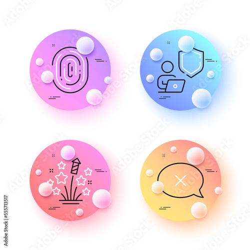 Fireworks stars, Shield and Fingerprint minimal line icons. 3d spheres or balls buttons. Reject icons. For web, application, printing. Pyrotechnic salute, Online secure, Biometric scan. Vector