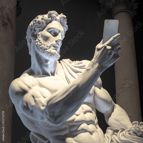 Athletic male is using his smartphone, Roman empire marble statue style. 3d illustration 
