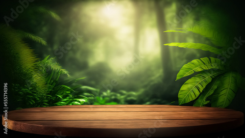 Fototapeta Naklejka Na Ścianę i Meble -  Empty wood table top with blur jungle background with bokeh light, copy space