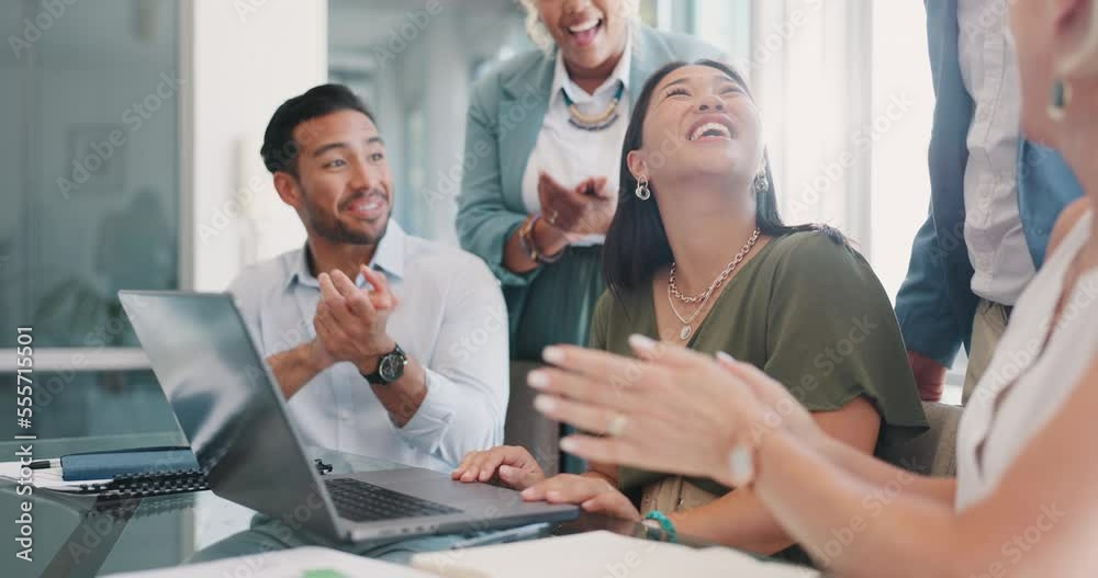 Success, celebration and applause of business people on laptop. Winner, congratulations and group of staff in meeting clapping for female on computer celebrating goals, sales increase and targets.