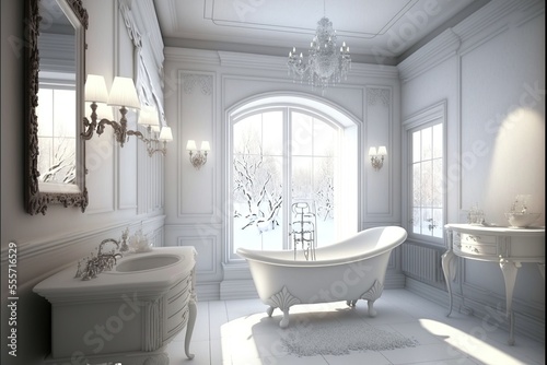 White classic bathroom interior with large window and lots of light, white antique clawfoot bathtub. White interior, classic, majesty. AI