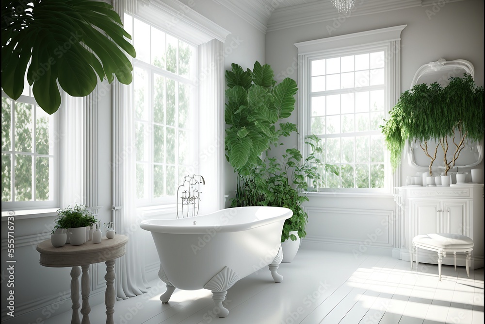 Stock illustrationen White classic bathroom interior with large