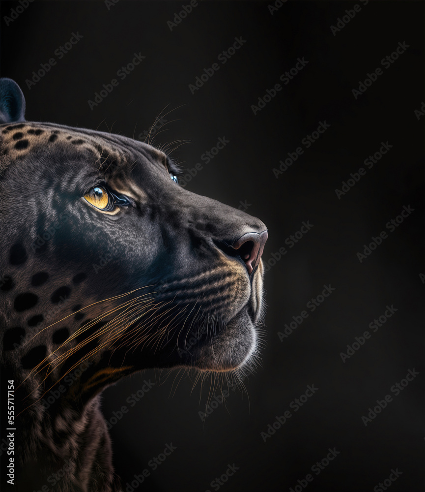 head profile closeup of spotted black golden panther isolated on black background with copyspace area