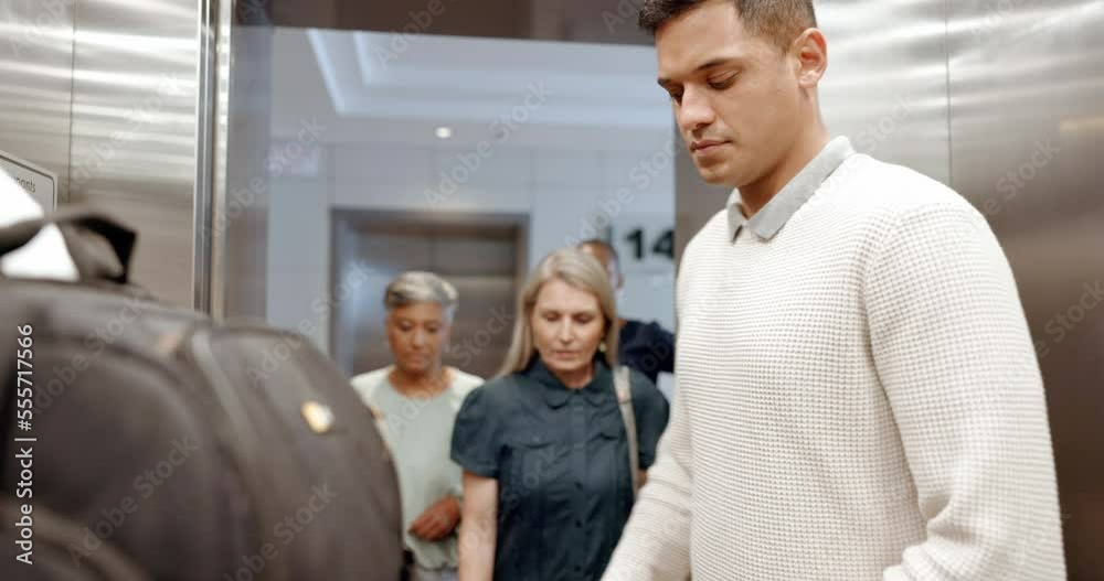 Business people, enter elevator and talking for work, diversity or walking to office, workspace or job. Staff group, corporate people or lift at workplace, agency or company for insurance in New York