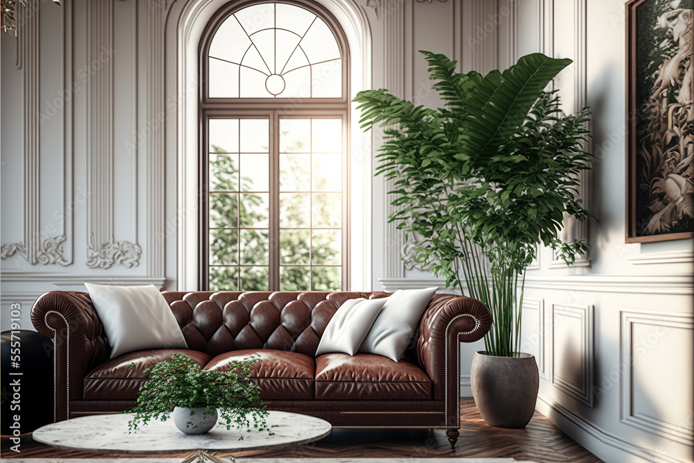 Obraz premium White classic living room interior with a large window and a large brown leather sofa, lots of light and tropical plants, moldings on the walls. White interior, classic, majesty, flowers, green. AI