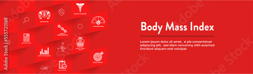 BMI or Body Mass Index Icons with Web Header Banner- scale, indicator, and calculator