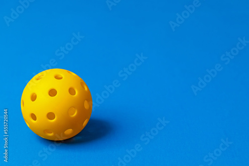 Outdoor colorful Pickleball on a blue background.  Lots of space for text.