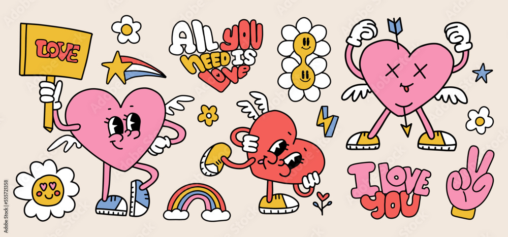 Groovy Valentines day characters set with lettering quotes. Funny heart  mascots. Sticker pack in trendy retro cartoon style. Isolated contour vector  illustration. Hippie 60s, 70s style. Flower power. Stock Vector