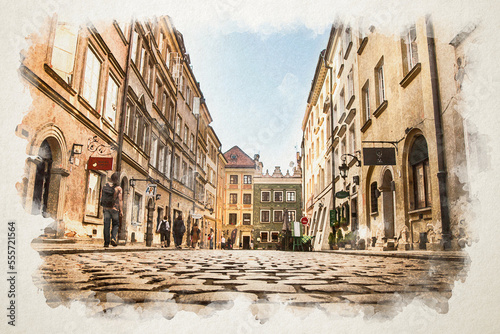 Street of a European city. Warsaw old town landmark. Watercolor illustration style. Multi-colored houses of the tourist route. Sights attractions. Building house streets