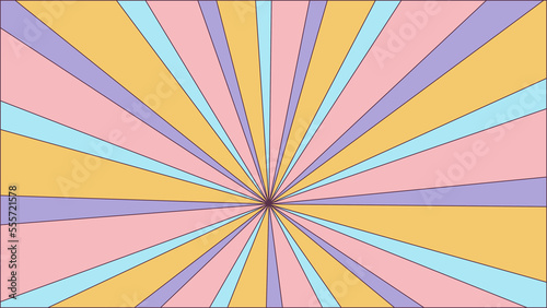 Groovy retro burst sun rays background. Vintage colorful abstract geometric pattern. Vector summer hippie carnival illustration for poster, flyer, greeting card, banner.