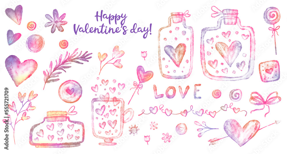 Watercolor love elements set with pink hearts in glass, sweets, branches and flowers