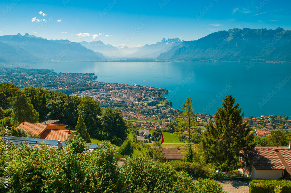 View of Lake Geneva over Vevey, Switzerland.