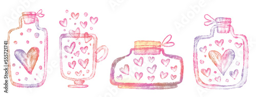 Vlentines day watercolor clipart pink elements. Cute hearts in glasses. Love.