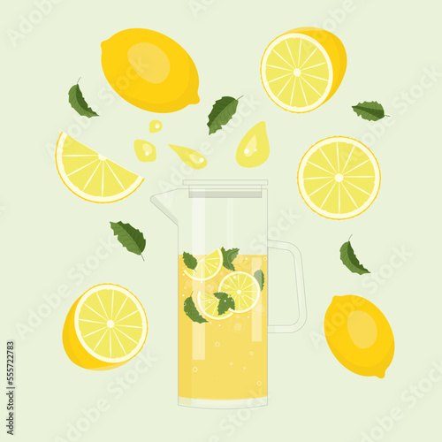 Refreshing lemonade illustration. Jug with with lemons and ice cubes.