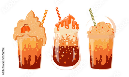 Set of Pumpkin spice latte, Autumn food and drinks.