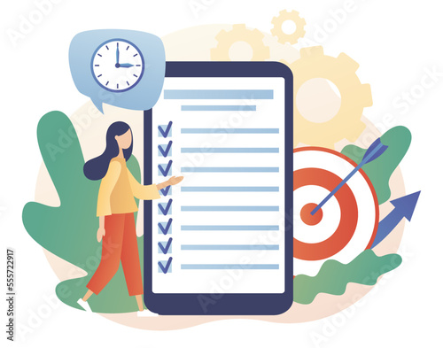 Productivity concept. Effective job planning in smatphone app. Discipline, time management, employee performance and self-organization. Modern flat cartoon style. Vector illustration
