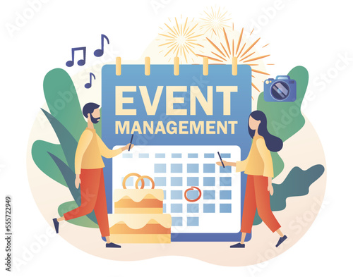 Event management. Wedding planner. Professional organizer. Manager planning event, conference or party. Schedule. Modern flat cartoon style. Vector illustration on white background