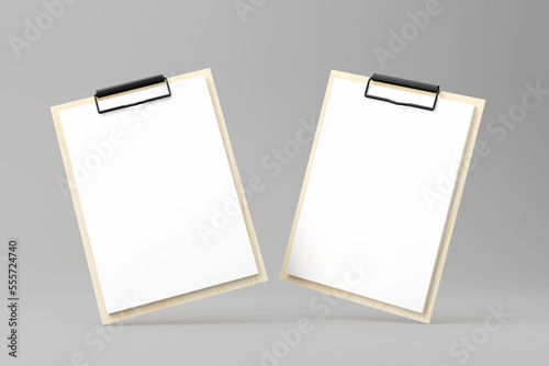 Two wooden cilpboard with white paper isolated on grey background, 3d rendering, 3d illustration