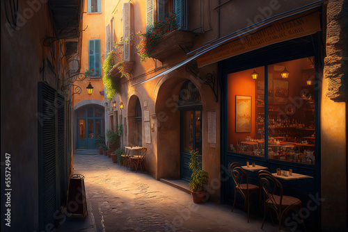 Narrow French antique street with a croissant shop. Old street of France  small coffee with lanterns. AI
