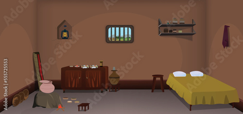 Village room inside cartoon background vector, poor room interior illustration.